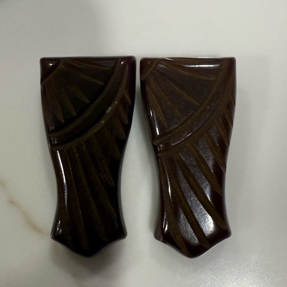 Vintage Brown (Root Beer) Carved Bakelite Dress Clips